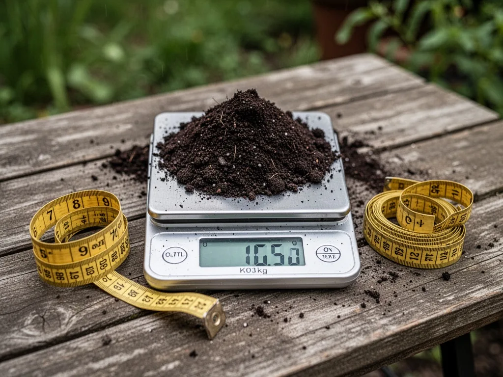 A digital kitchen scale displaying weight in kilograms, a heap of dark potting soil, a yellow measuring tape coiled near