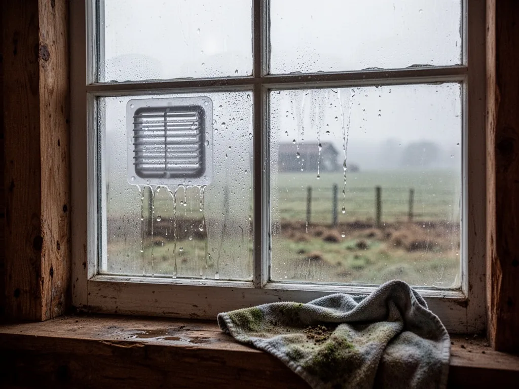 A farmhouse window with a stick-on air vent, condensation droplets running down the glass, a cold grey morning, blurred 