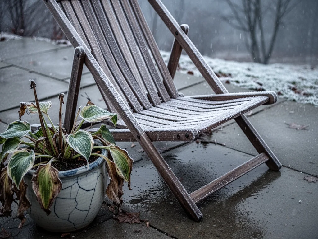 A wooden deck chair with frost coating its slats, surrounded by dead hosta leaves in a cracked ceramic pot, grey overcas