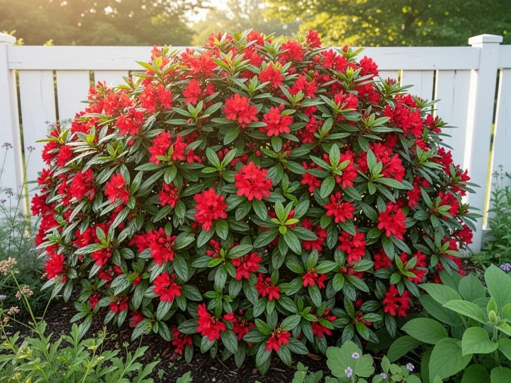A dense shrub covered in vivid red flowers, glossy green leaves, set in a sunny garden bed with soft afternoon light, a 