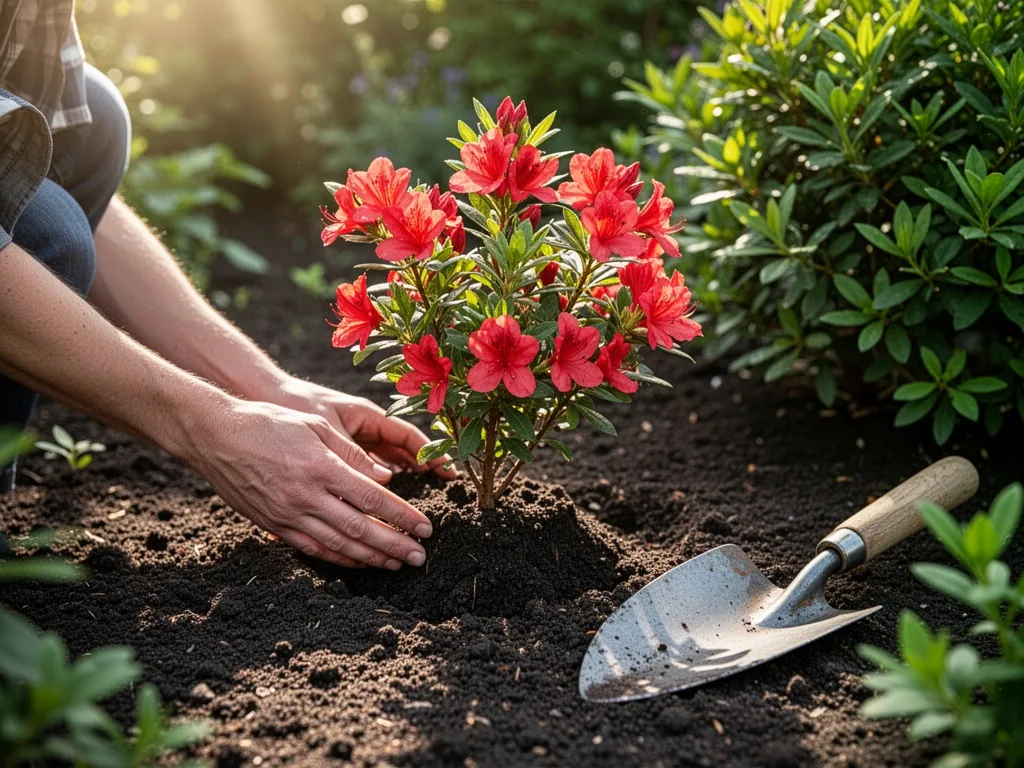 Gardener's hands gently placing a young red-flowered shrub into dark rich soil, a patch of sunlight and shade visible, w