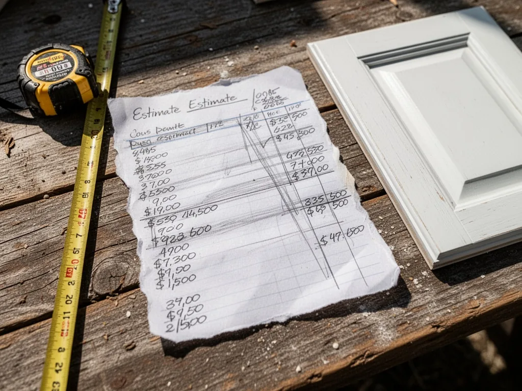 A handwritten estimate sheet covered with pencil numbers, torn edge, on a rough wooden table beside a tape measure and w