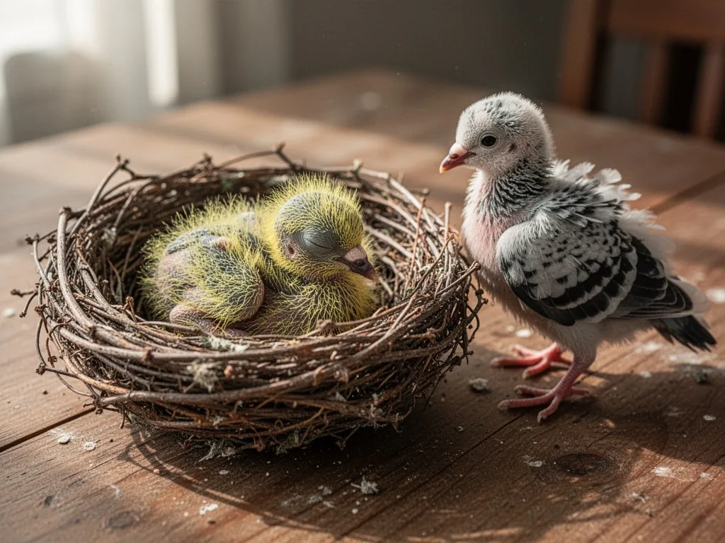 A newborn pigeon chick with closed eyes and sparse yellow down, resting in a shallow twig nest on a wooden table, beside
