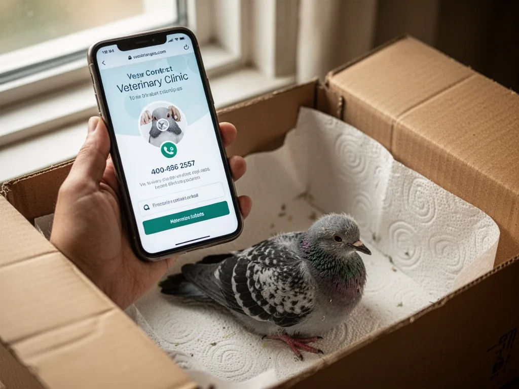 A smartphone screen displaying a veterinary clinic contact page with a phone number, held in a hand above a cardboard bo