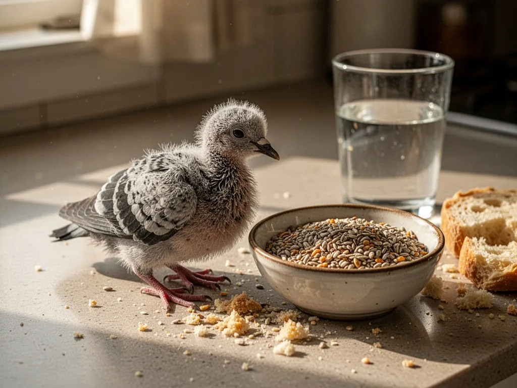 A baby pigeon sitting on a kitchen counter next to a bowl of birdseed and breadcrumbs, a glass of water nearby, the seed