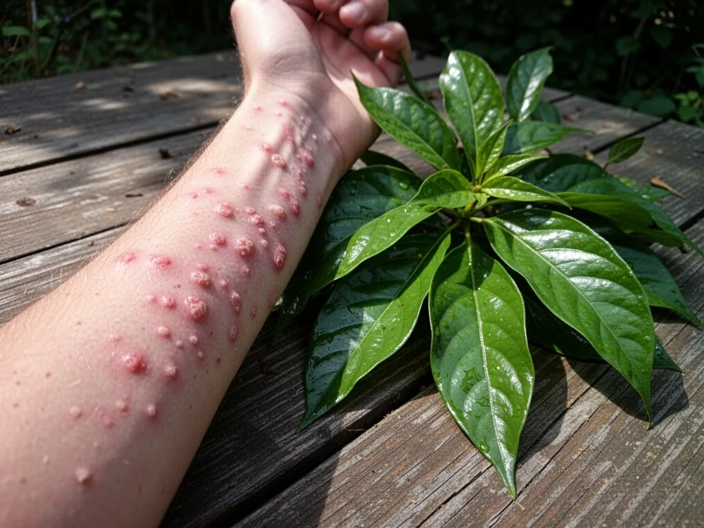 A human forearm with red welts and blisters from sap, resting beside a cluster of glossy green Bignone leaves on a woode