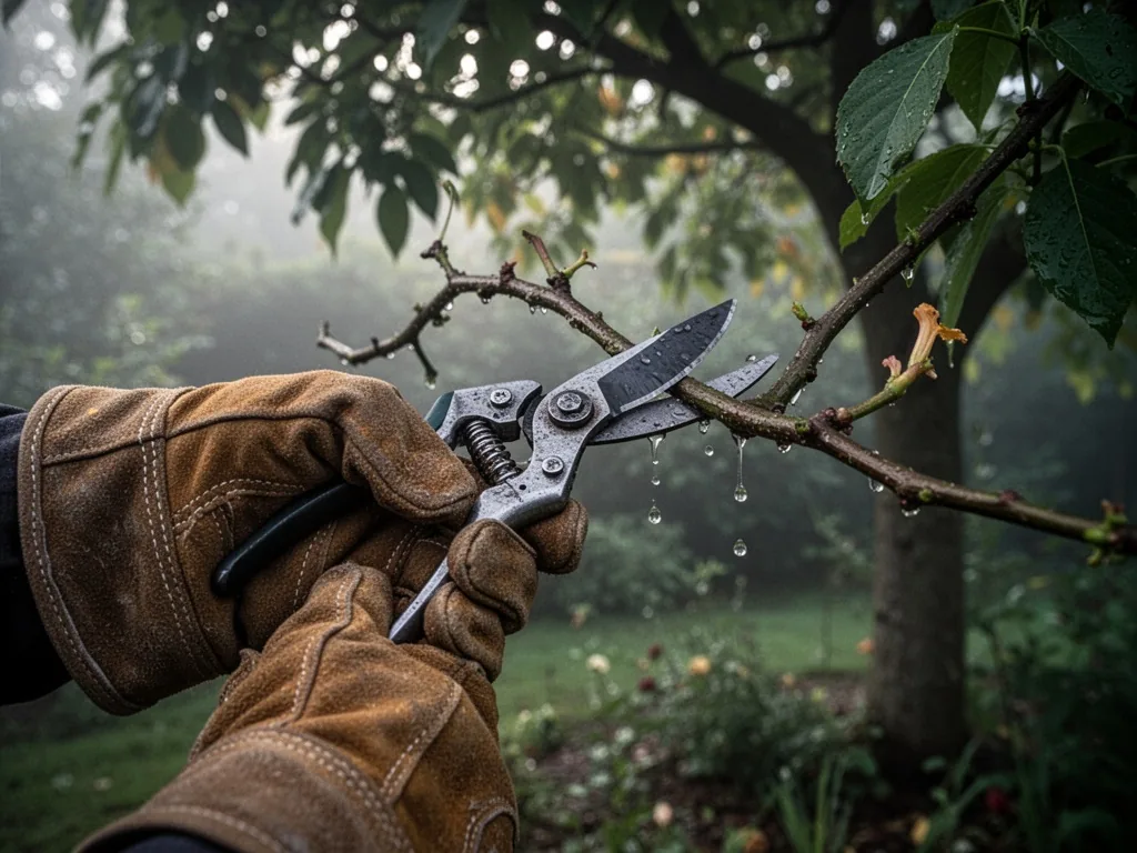 Thick leather gardening gloves gripping a pair of pruning shears, cutting a curved Bignone branch, sap droplets on the b
