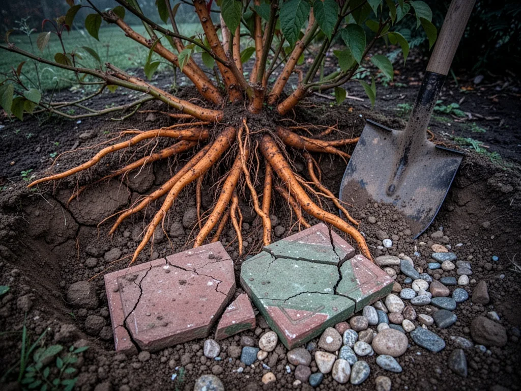 A tangle of thick orange-brown Bignone roots pushing through cracked clay soil, exposed by a shovel, with a broken garde