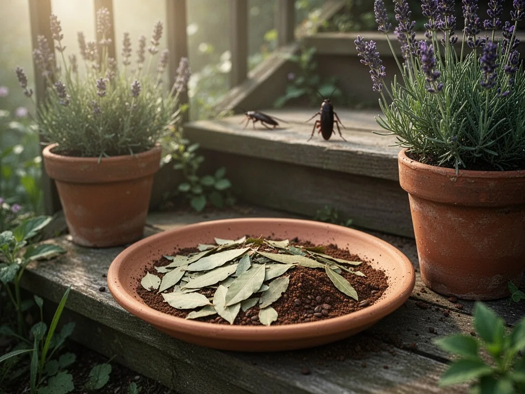 A terracotta saucer filled with crushed bay leaves and coffee grounds, placed on wooden garden steps, a potted lavender 