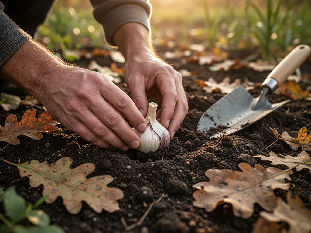 A gardener's hands pressing a garlic clove into dark soil, fallen oak leaves scattered around, a trowel nearby, soft gol