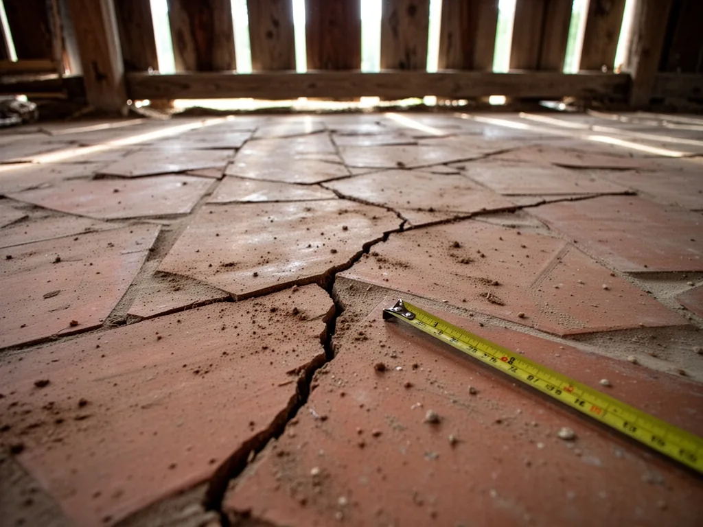 Cracked terracotta tile floor in an old barn, a thin fracture running across dusty clay, a yellow measuring tape beside