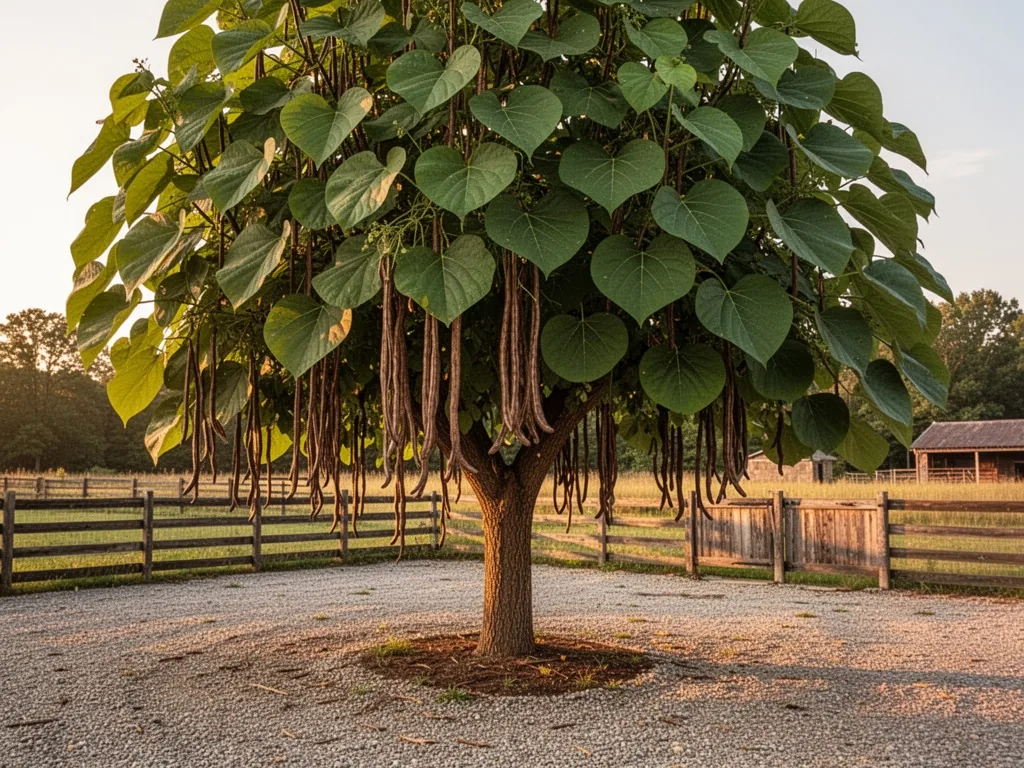 A mature Catalpa tree with long bean-like pods and broad heart-shaped leaves in a sunlit farm courtyard, gravel ground, 