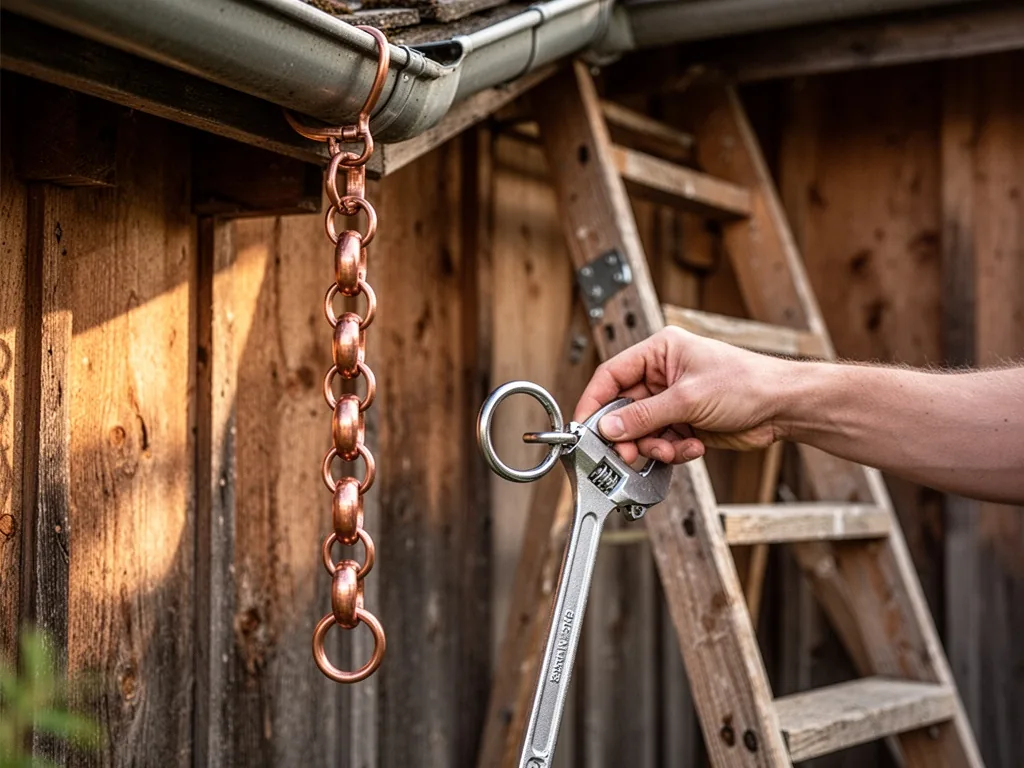 A copper rain chain hanging from a gutter, a hand adjusting a metal ring with a wrench, a wooden ladder leaning against 