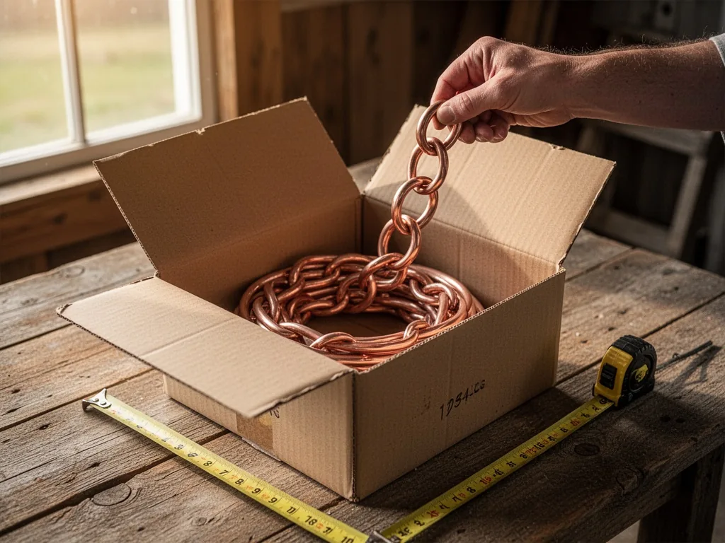 A coiled copper rain chain inside an open cardboard shipping box, a hand lifting a section, a measuring tape beside it o