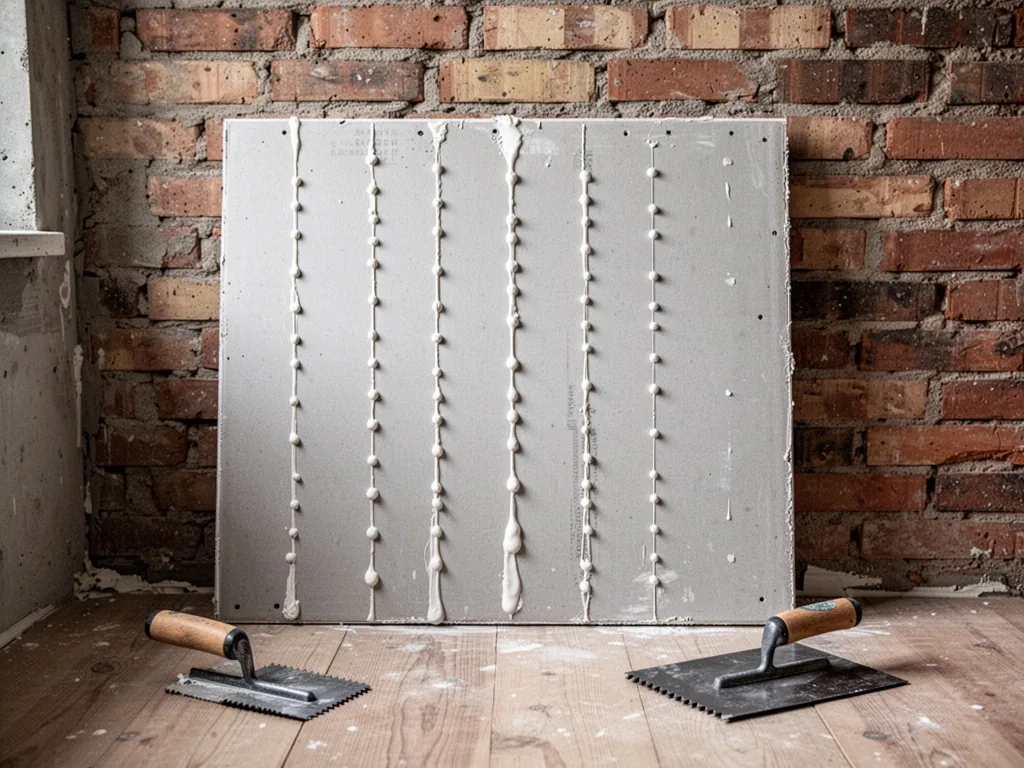 A plasterboard sheet with adhesive beads applied vertically, resting against a bare brick wall, a notched trowel nearby 