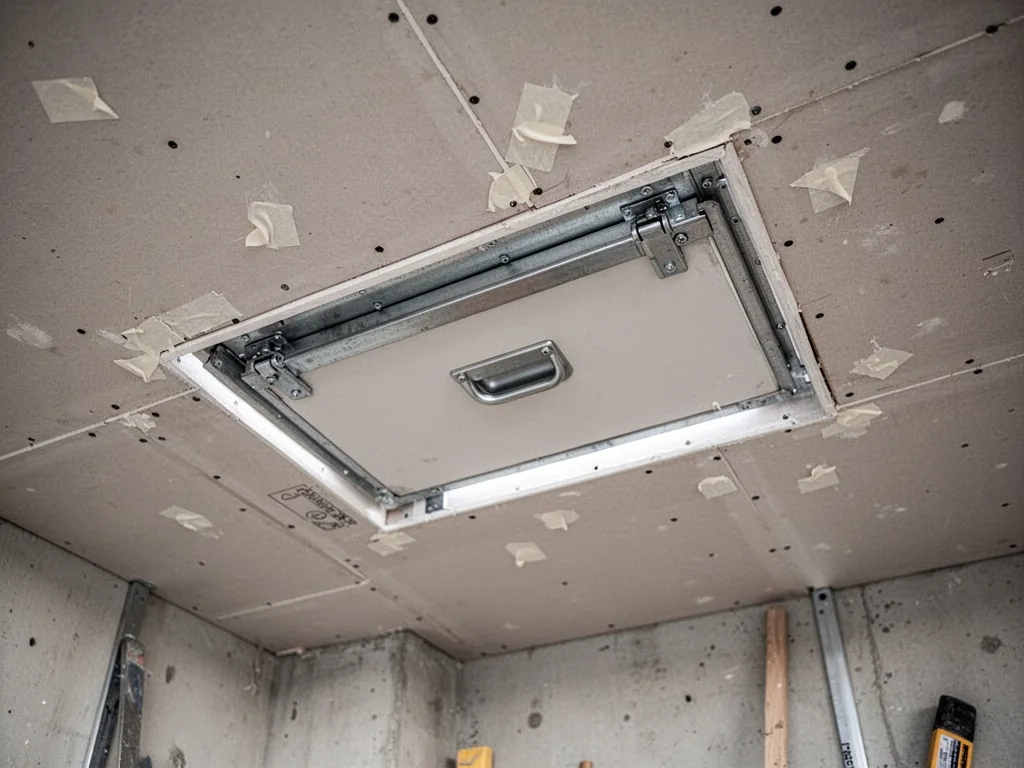 A rectangular access hatch cut into a plasterboard ceiling, metal hinges and a flush handle, surrounding singular points