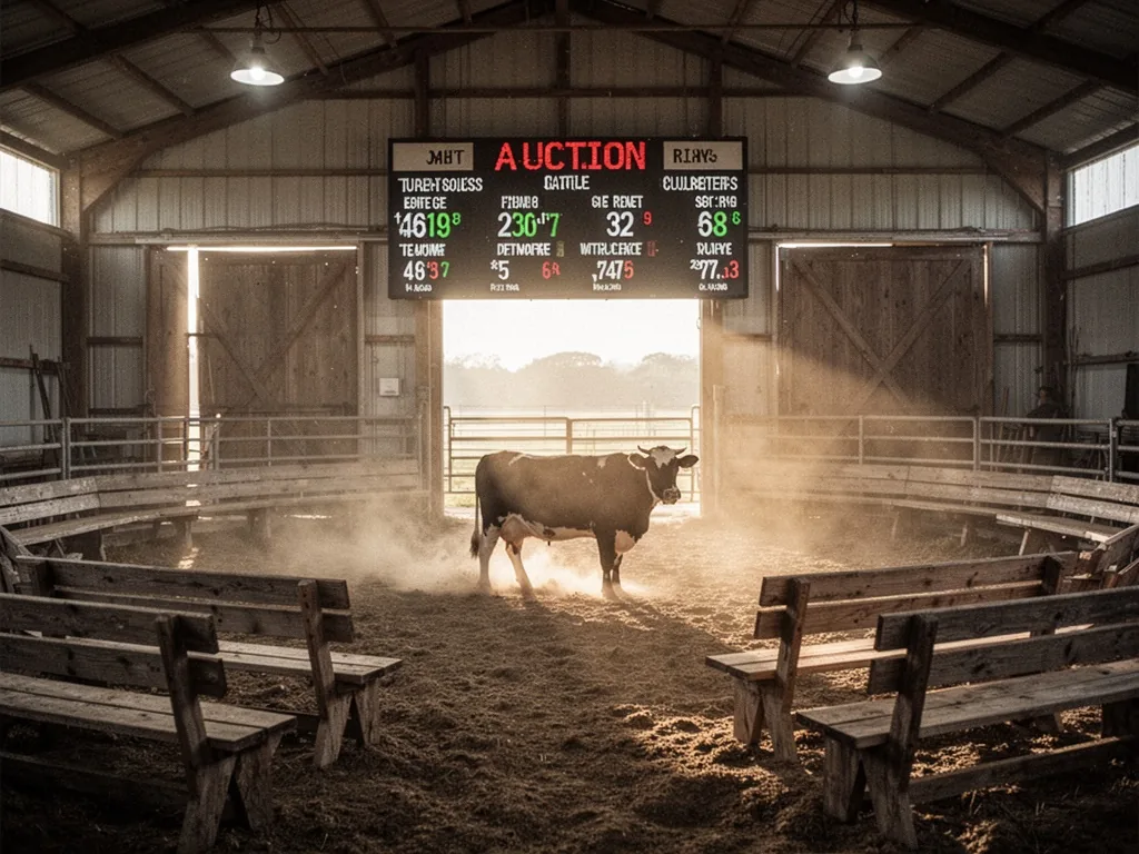 A dusty auction ring with a digital price board displaying cattle statistics, empty wooden benches, late afternoon sunli