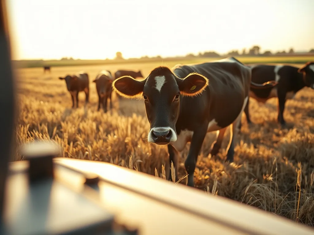 Vache de race charolaise dans un pré, vue de profil, avec une étiquette de prix symbolique en surimpression.