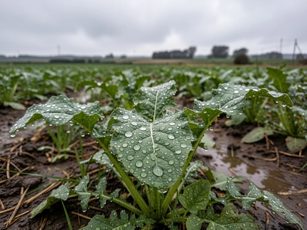 Rain droplets clinging to broadleaf weed leaves after herbicide spray, a wet farm field under gray clouds, shallow depth