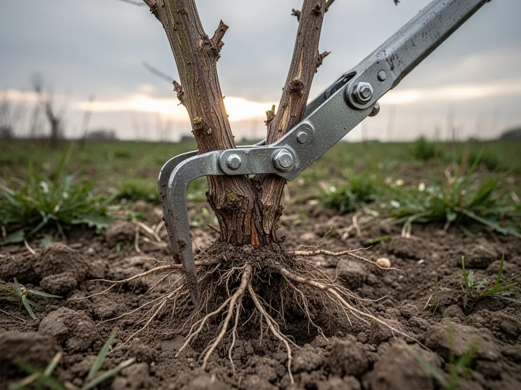 A steel mechanical weed puller gripping a thick woody stem, exposed roots in dry soil, side view, late afternoon sunligh