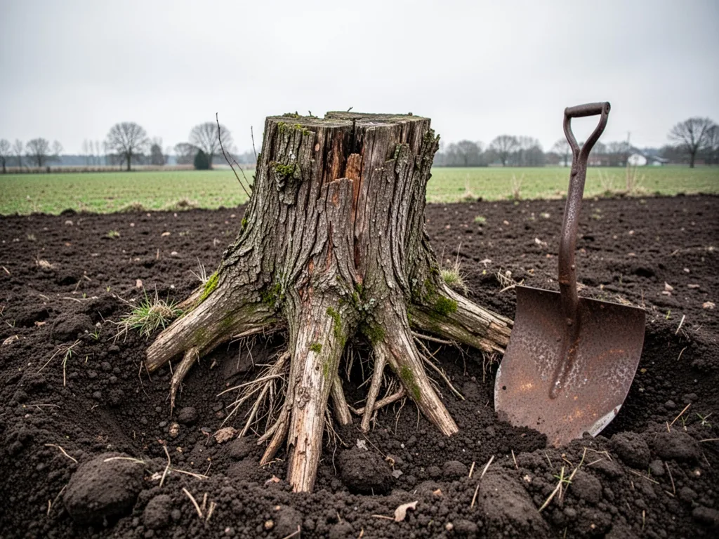 A weathered tree stump with rough bark and exposed roots, half-buried in dark soil, surrounded by newly turned earth and
