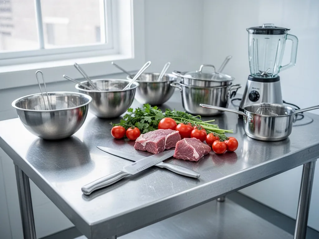 A stainless steel prep table with a chef's knife and raw vegetables, surrounded by professional mixing bowls, sauce pans