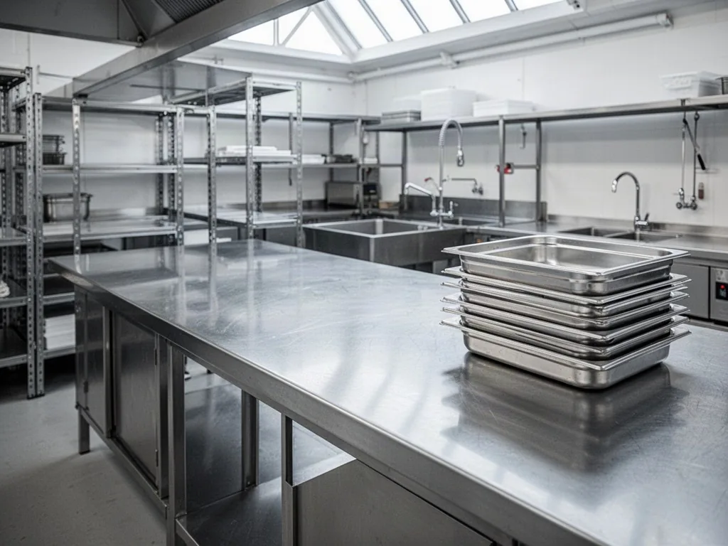 A brushed stainless steel worktop extending across an industrial kitchen, with metal shelving, a large sink, and a stack