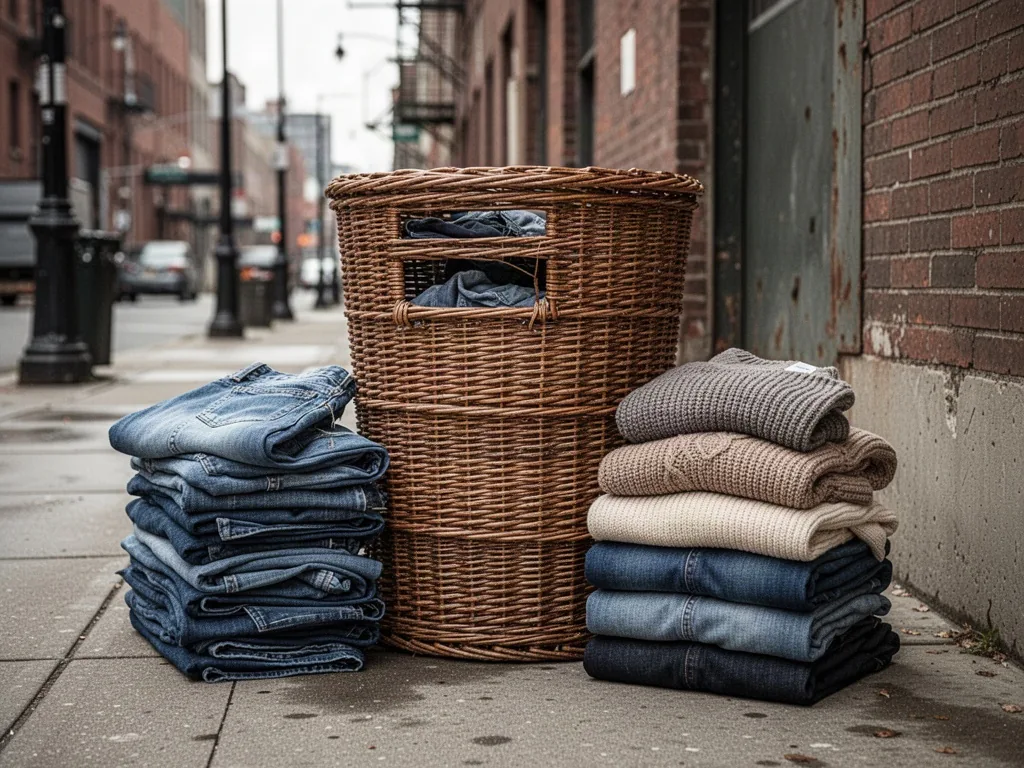 A woven wicker donation bin with a clothing slot, stacked folded jeans and sweaters beside it, urban sidewalk, overcast 