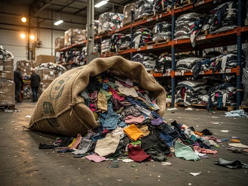 A large burlap sack spilling sorted colorful fabric scraps onto a warehouse floor, industrial shelves of bundled clothes