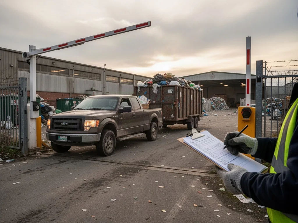 A pickup truck pulling a loaded trailer at a recycling center entrance gate, a barrier arm raised, a worker's gloved han