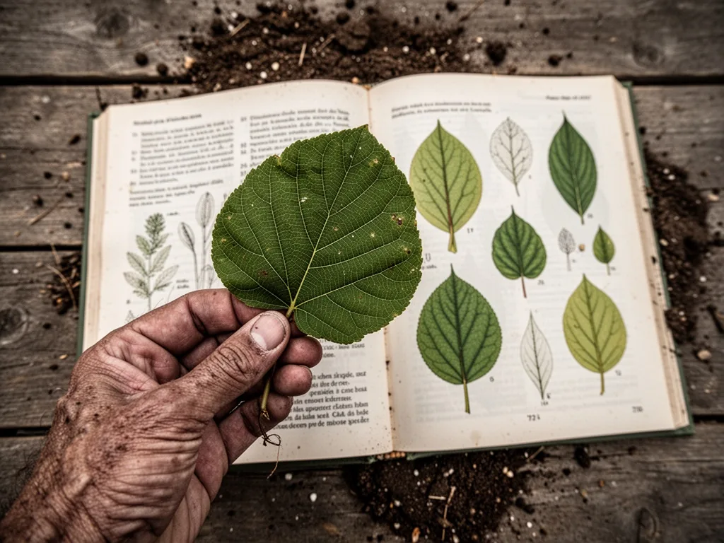 A weathered hand holding a dicotyledon leaf with visible netted veins, an open botanical field guide beside it showing l