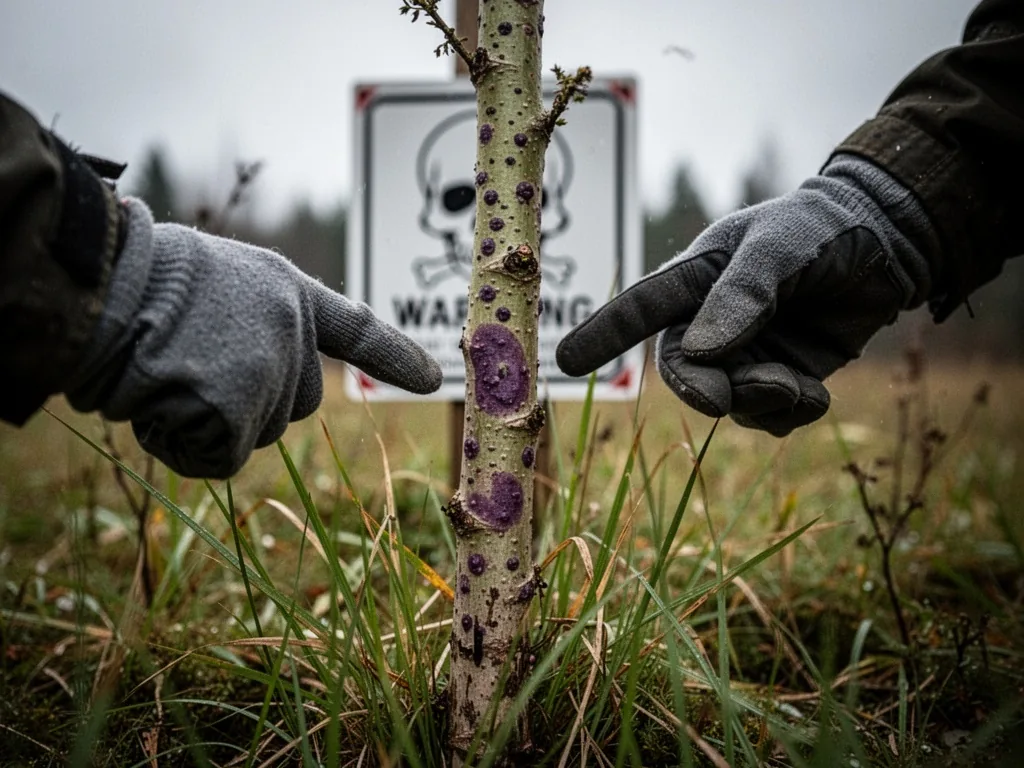 A gloved hand pointing at a spotted hemlock stem with purple blotches, growing among grass, a blurred warning sign with 