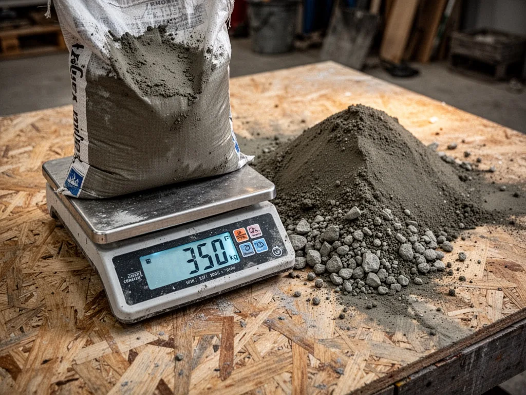 A digital scale displaying 350 kg with a cement bag and a heap of sand and gravel on a rough plywood surface, precise me