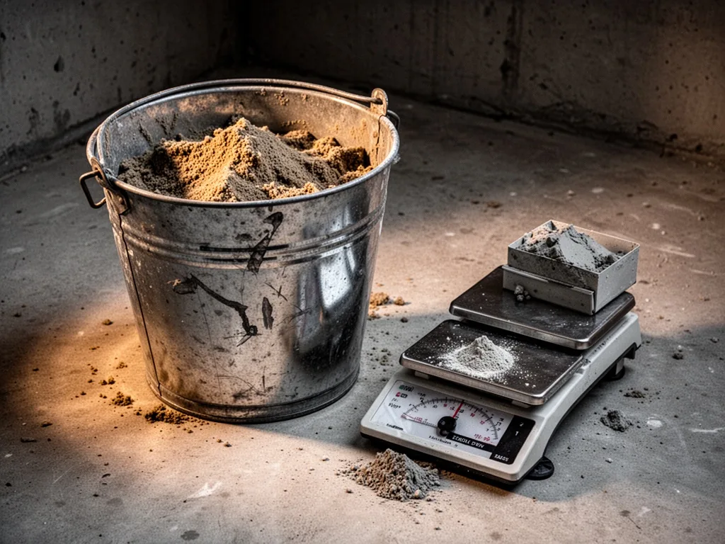 A dented metal bucket filled with damp sand next to a precision scale with a small pile of cement powder on a concrete f