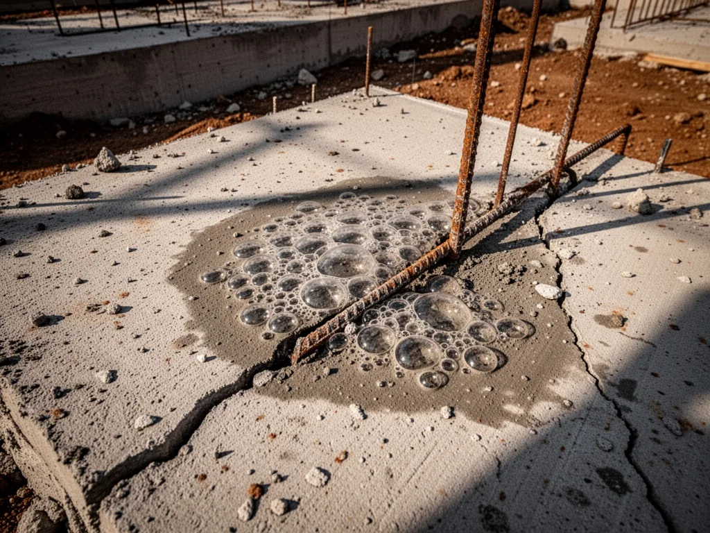 A cracked concrete slab with trapped air bubbles and a rusty reinforcing bar exposed on a construction site, harsh sunli