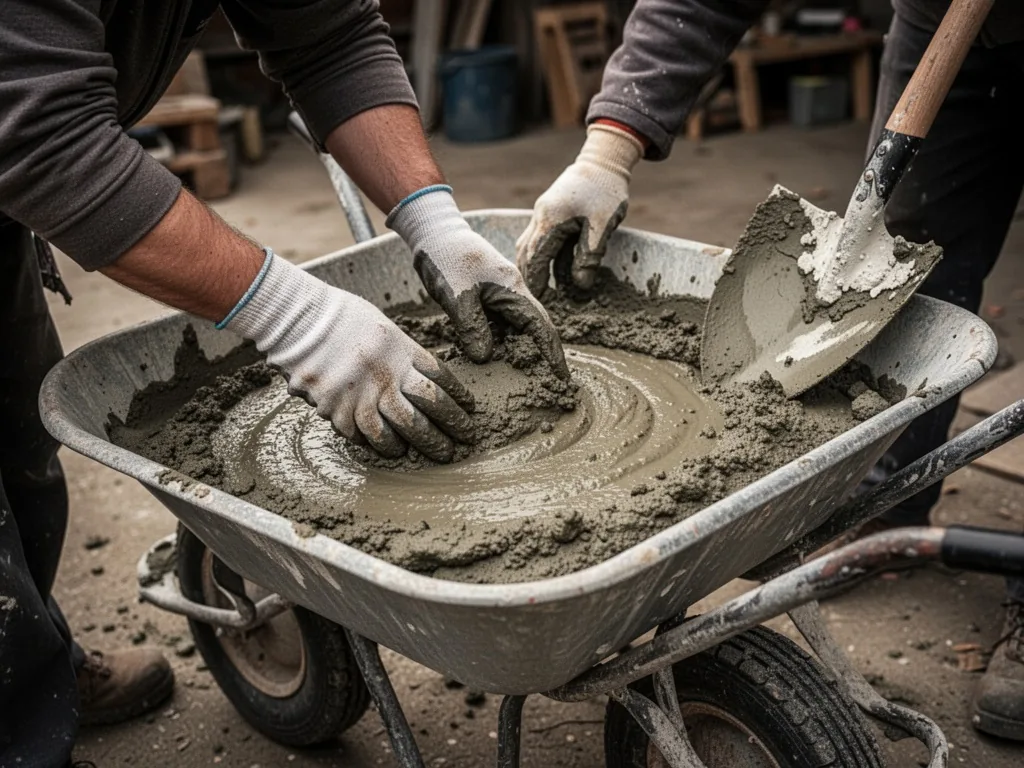 Two gloved hands adjusting a wet concrete mixture in a metal wheelbarrow, a shovel with dried mortar resting nearby, ove