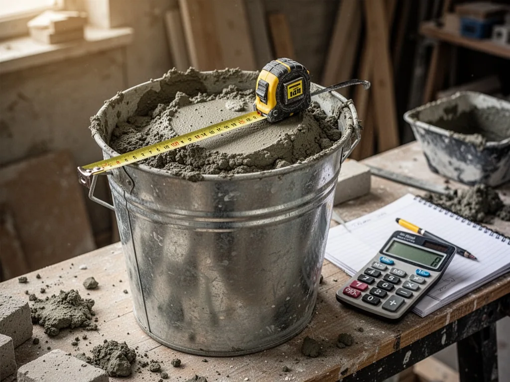A metal bucket brimming with fresh grey concrete, a tape measure lying across the rim, calculator and notebook on a work