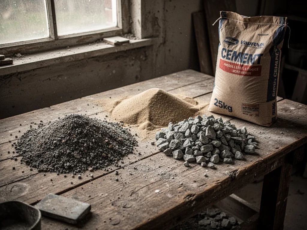 Three separate piles of coarse gravel, fine sand, and crushed stone on a rough wooden table, an open 25kg cement bag bes
