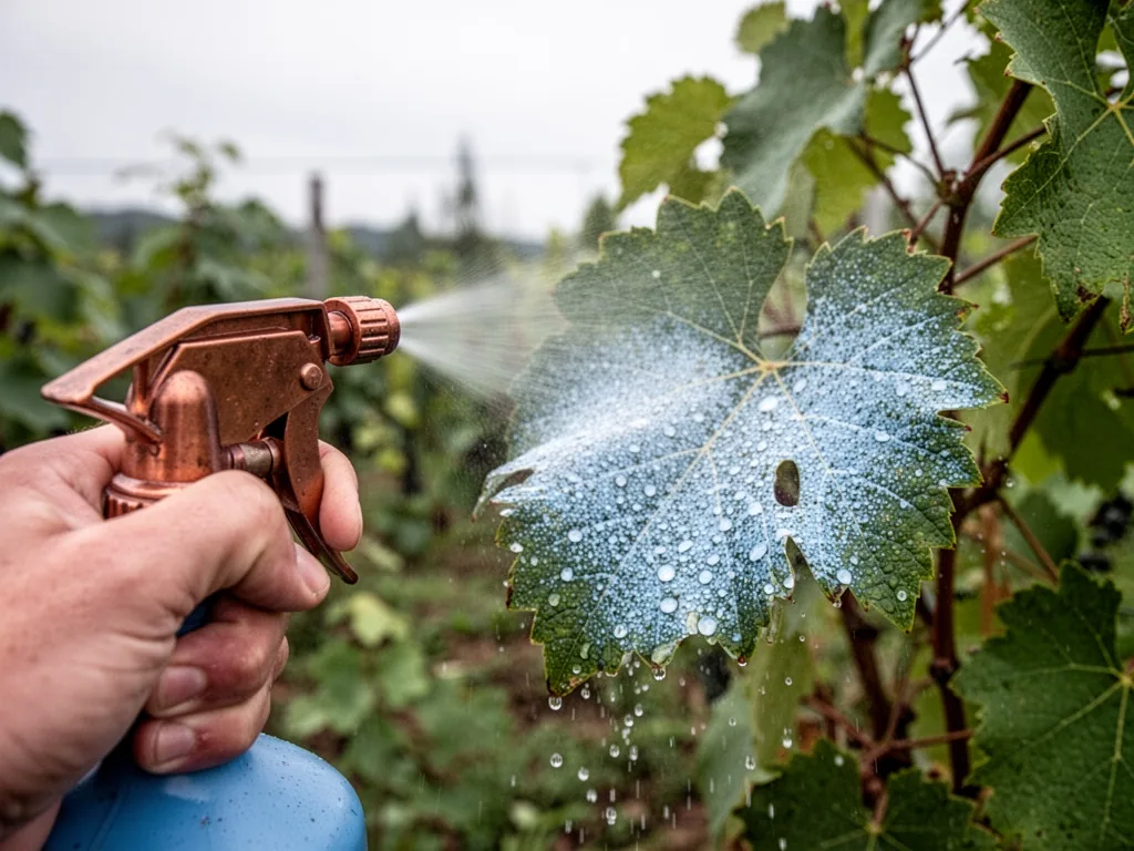A close-up of a spray bottle nozzle releasing a fine mist of Bordeaux mixture onto a vine leaf, blue-white droplets form