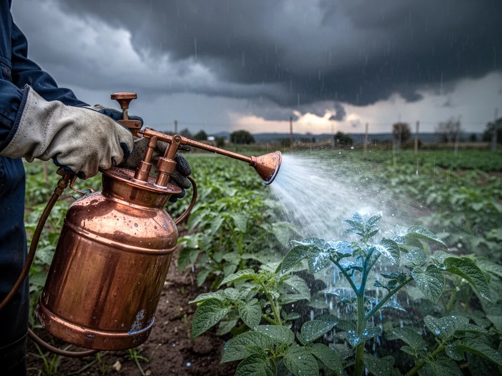 A close-up of a hand in a garden glove pressing the trigger of a copper sprayer, blue-white Bordeaux mixture spraying on
