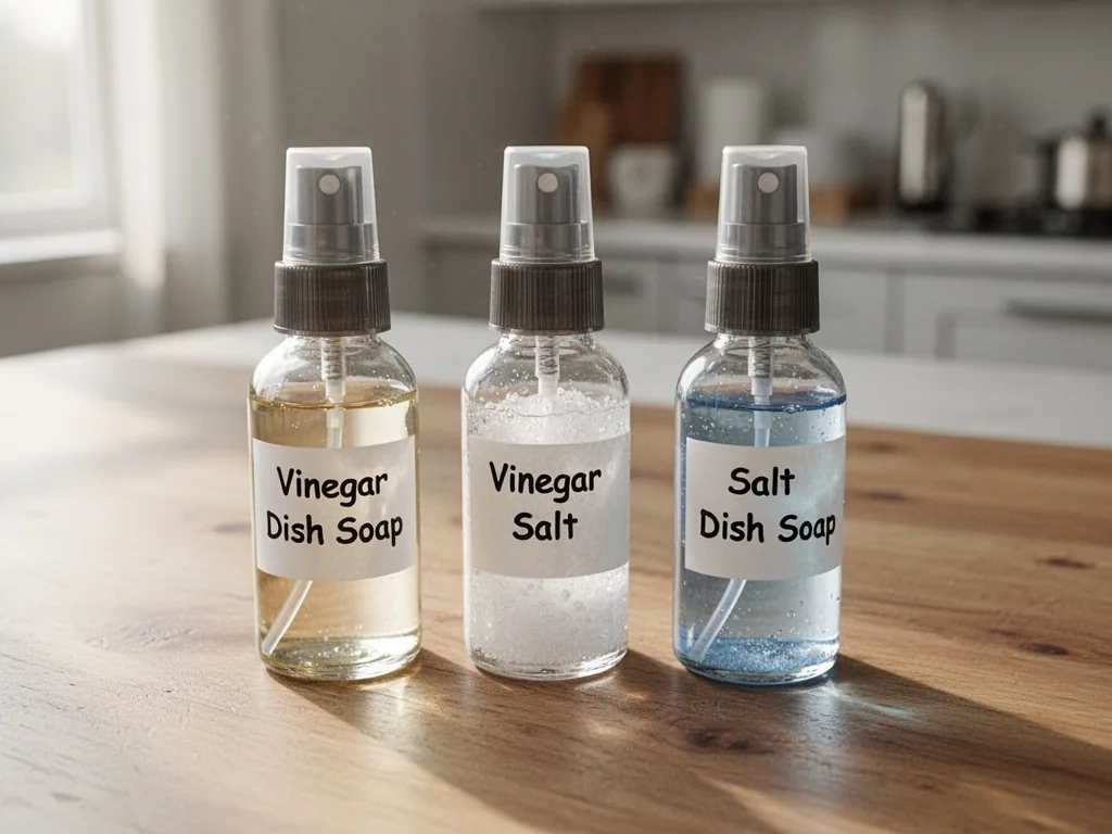 Three small glass spray bottles lined up on a wooden table, each labeled with different ratios of vinegar, salt, and dis