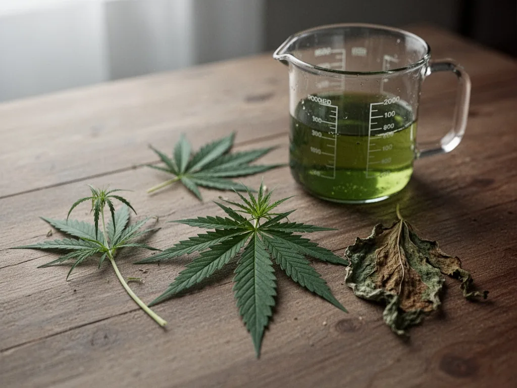 Three weed leaves on a wooden table - one delicate, one robust, one withered - beside a glass measuring cup with green l