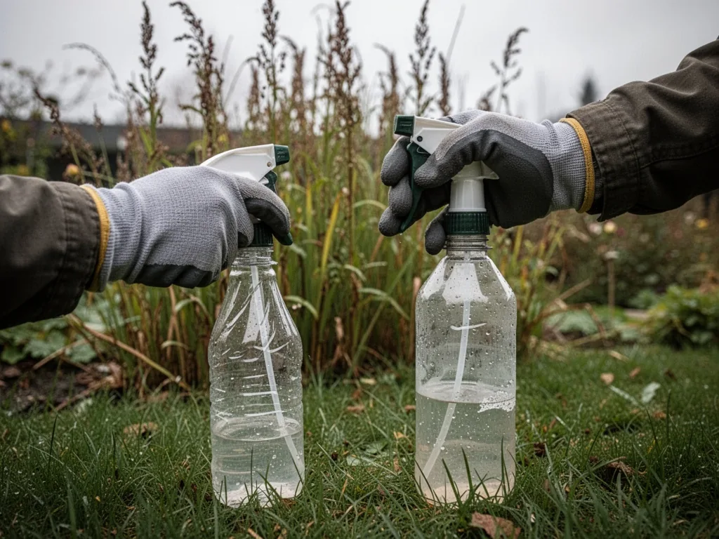 A gloved hand twisting a sprayer nozzle in wrong direction, tall weeds behind, half-empty plastic bottle on grass, overc