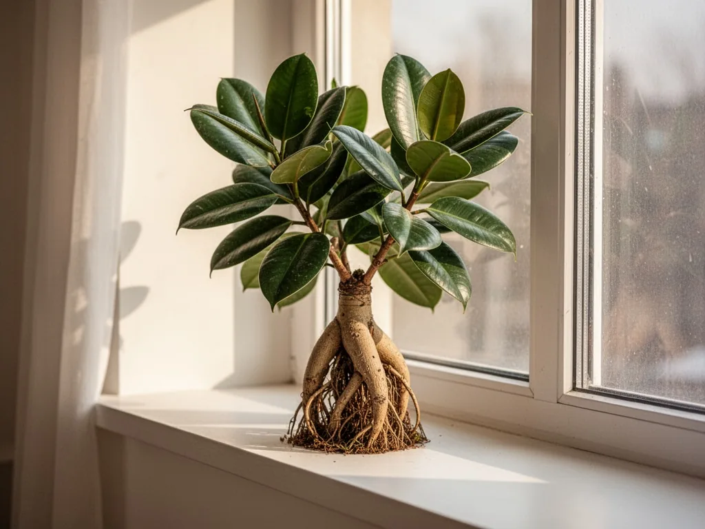 A ficus ginseng plant with thick glossy leaves on a bright windowsill, soft morning light casting gentle shadows, no dra
