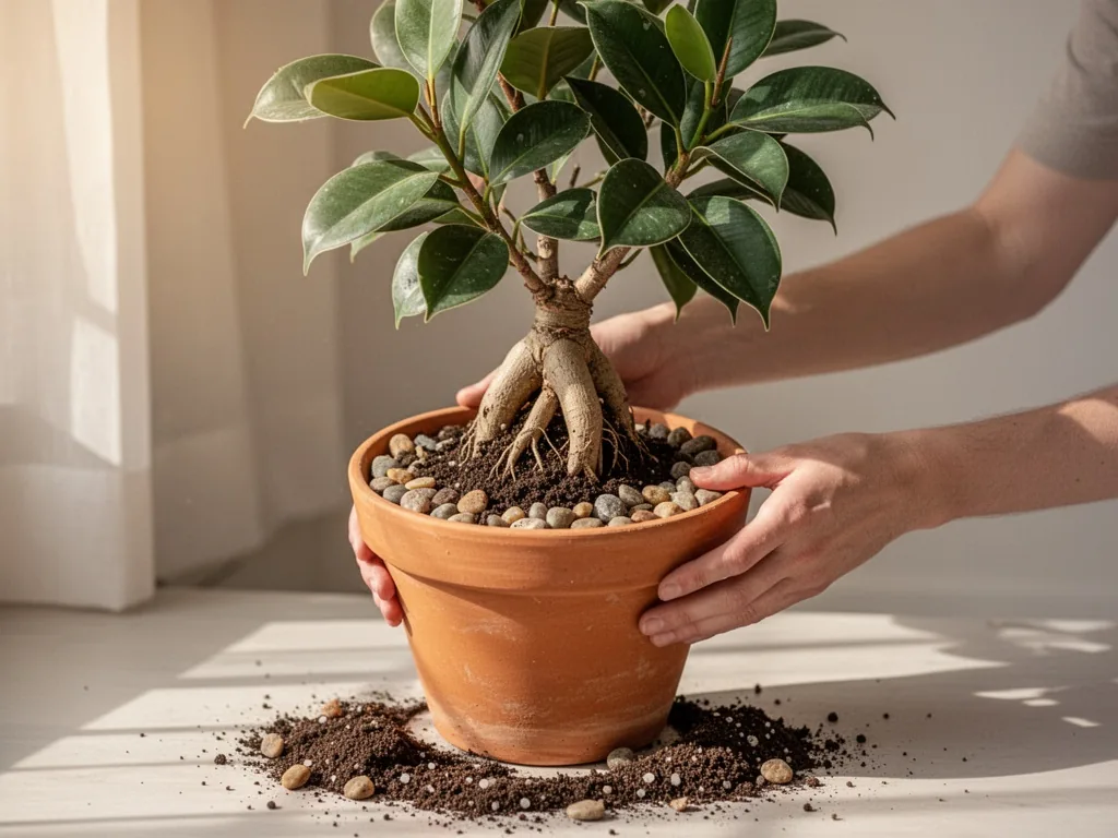 A pair of hands repotting a ficus ginseng into a terracotta pot with drainage pebbles and well-draining soil mix