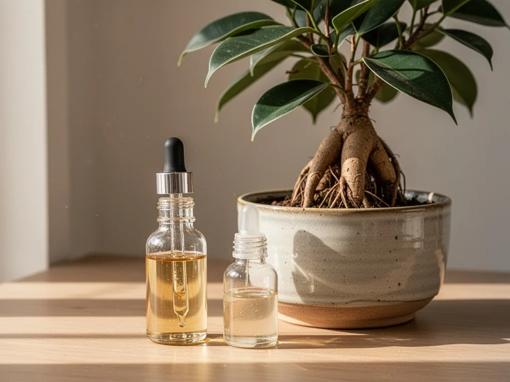 A small glass bottle of liquid fertilizer with a dropper, half-diluted, placed next to a ficus ginseng in a ceramic pot