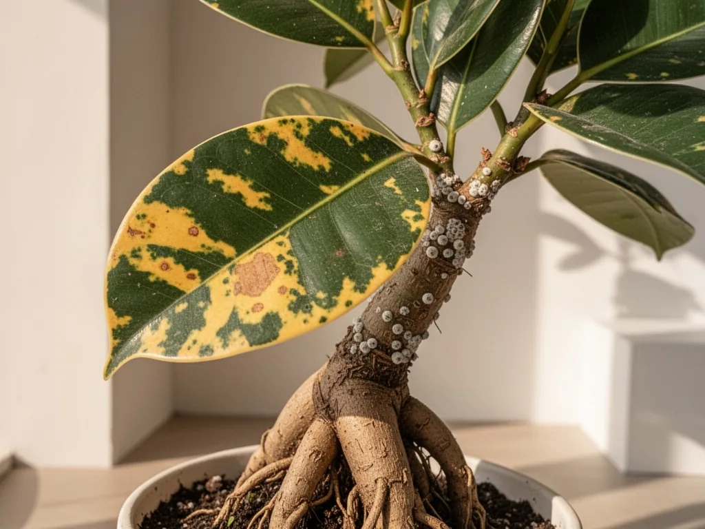 A close-up of a ficus ginseng leaf with yellowing patches and small white scale insects on the stem, natural daylight