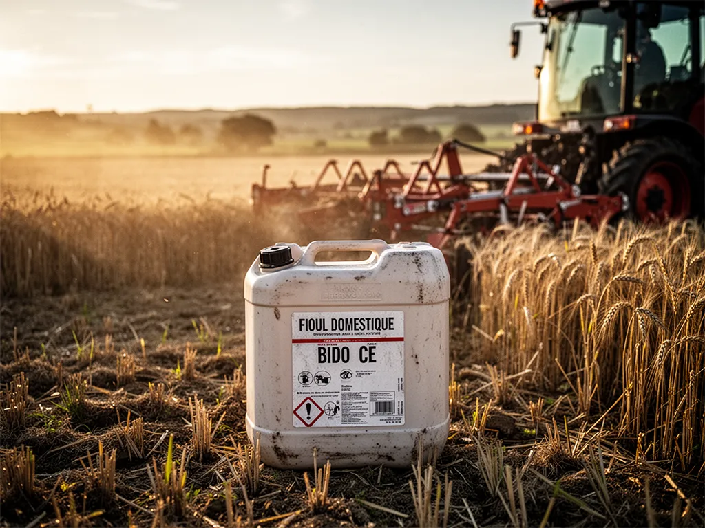 Bidons jaunes de 20 litres alignés devant une cuve à fioul aérienne dans une cour de ferme