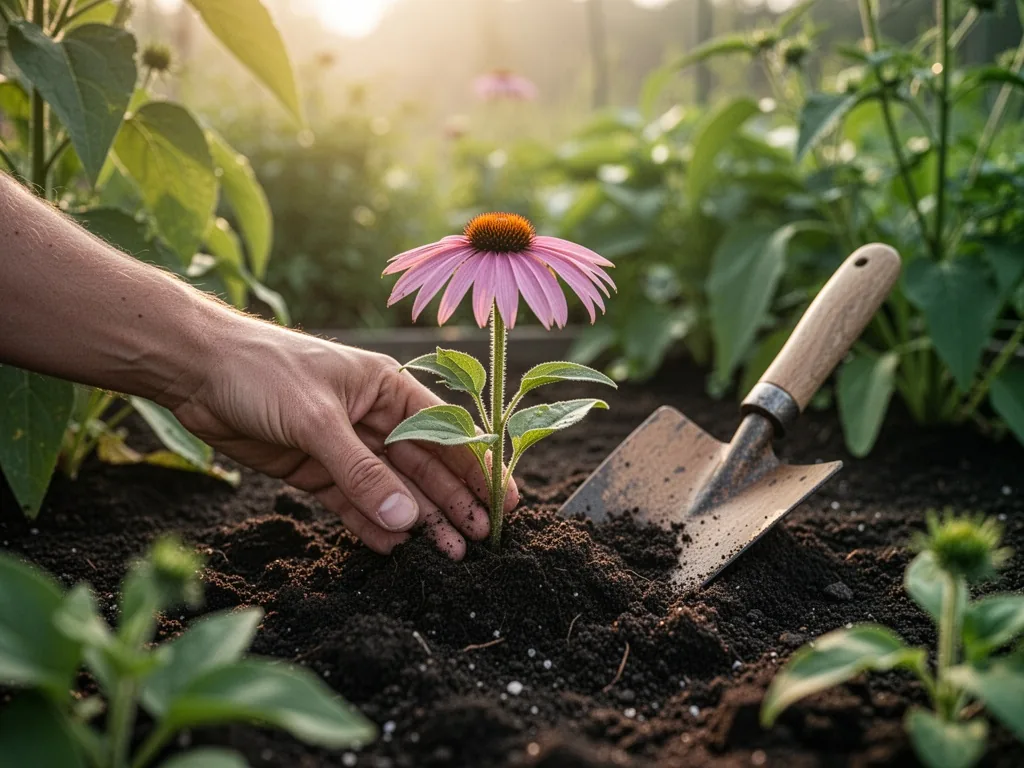 A hand gently placing a small Echinacea seedling into dark potting soil, a wooden trowel resting nearby, early morning g