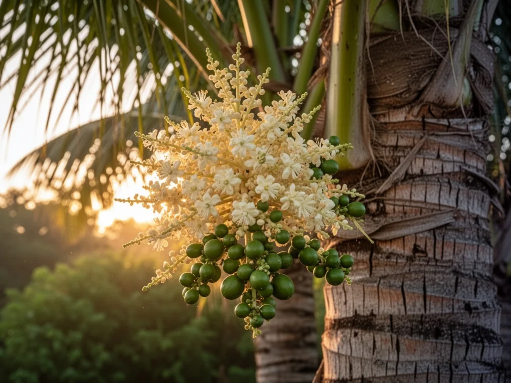 A palm tree flower cluster with creamy white blossoms and small green developing fruits, backlit by late afternoon sun,